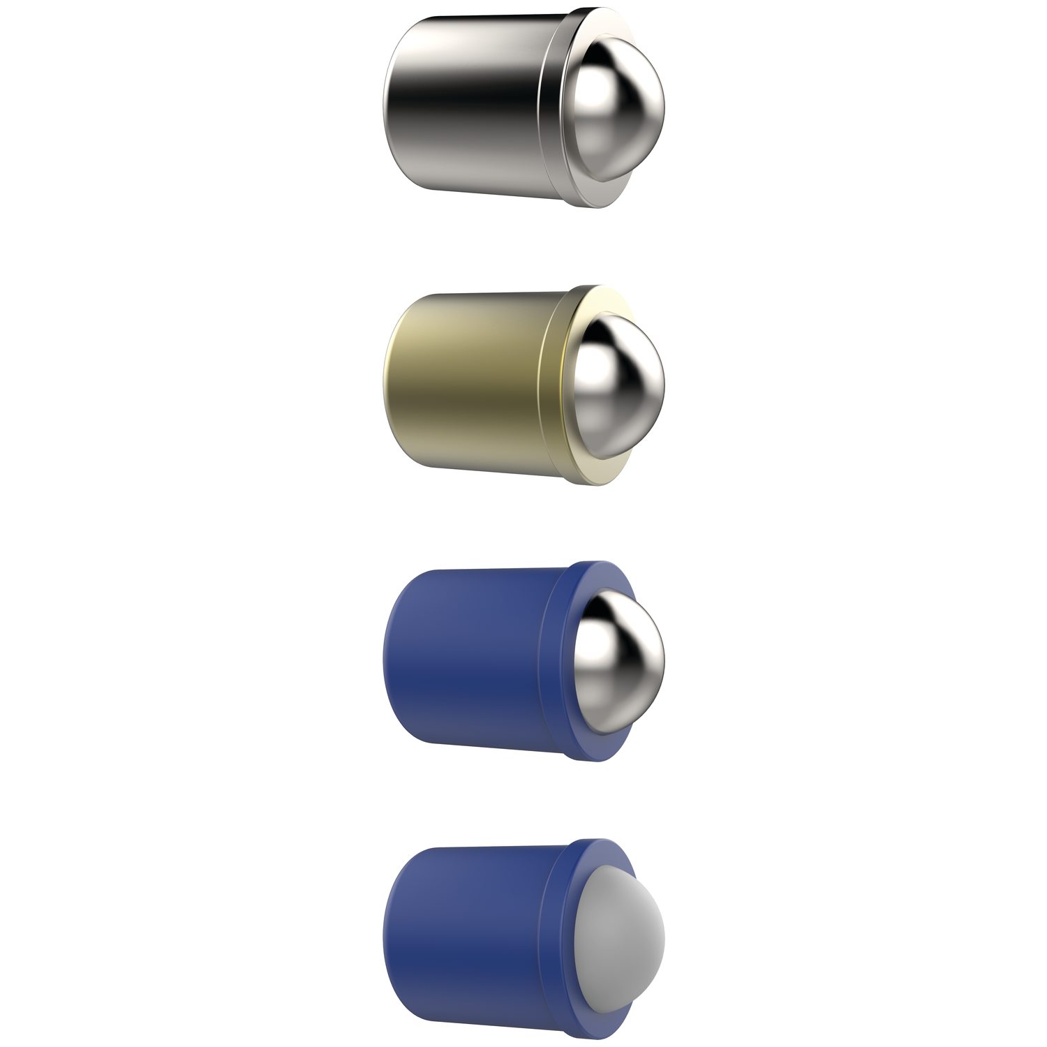 sideways view of four smooth spring plungers, silver, blue, and dirty yellow with silver coloured ends and a blue with a plastic end